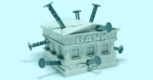 Model of a Bank building with nails hammered into it from all sides