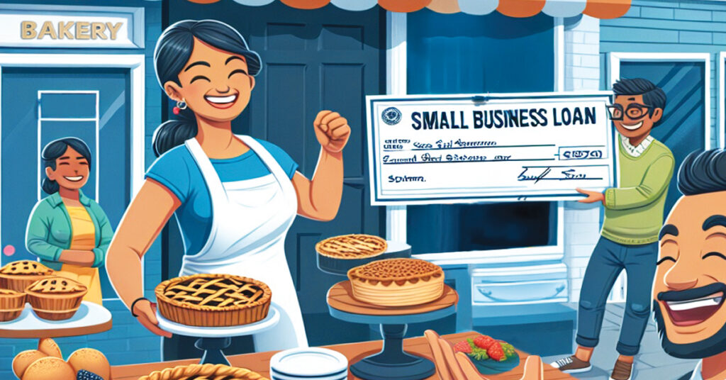 Happy female baker selling pies