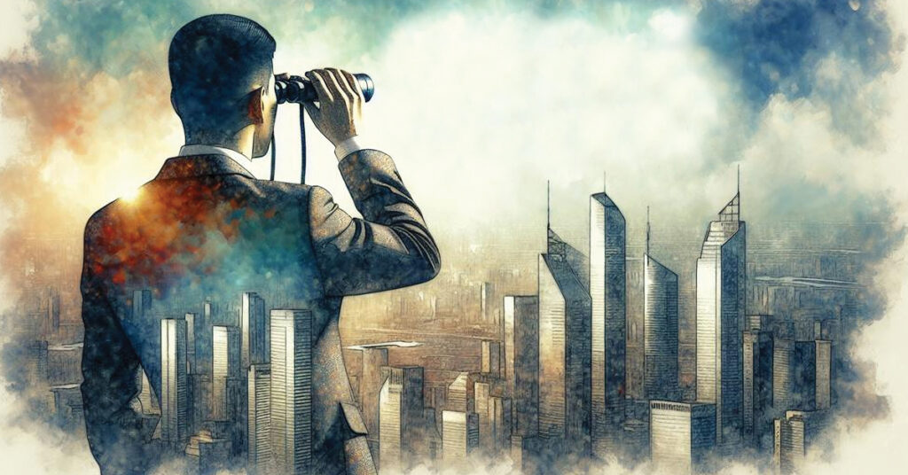 Man looking through binoculars to a metropolis city