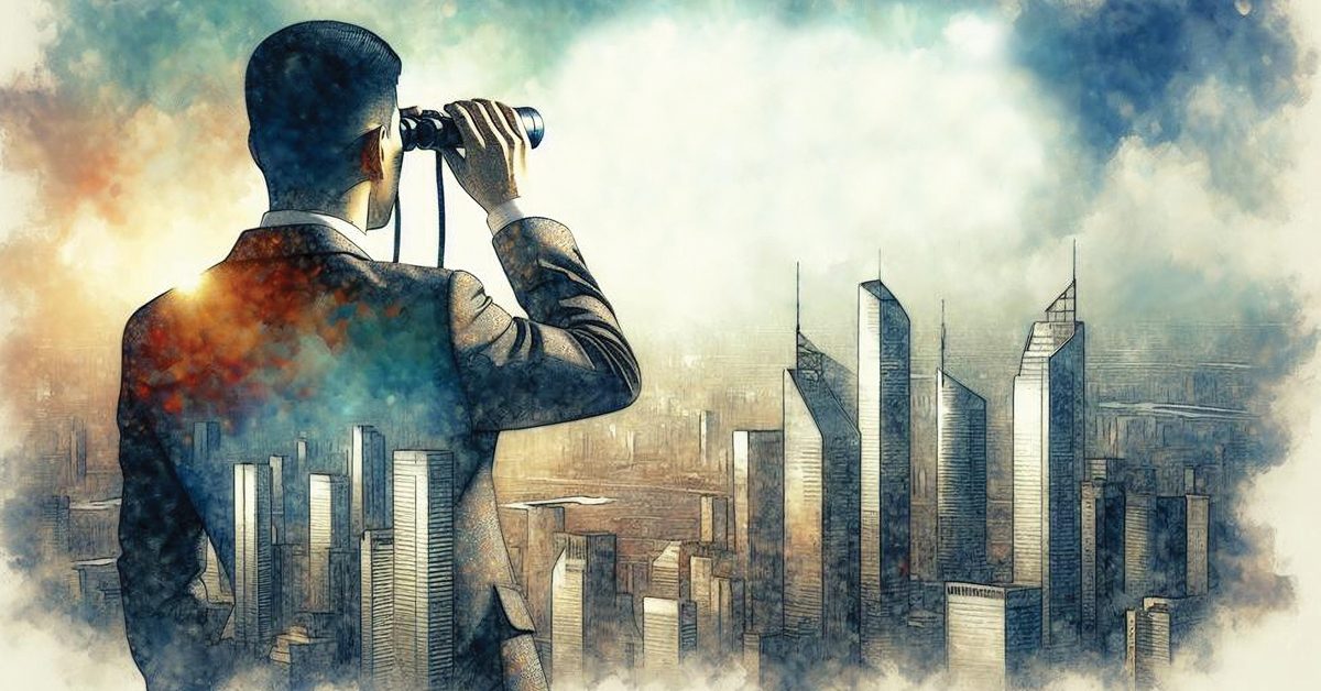 Man looking through binoculars to a metropolis city