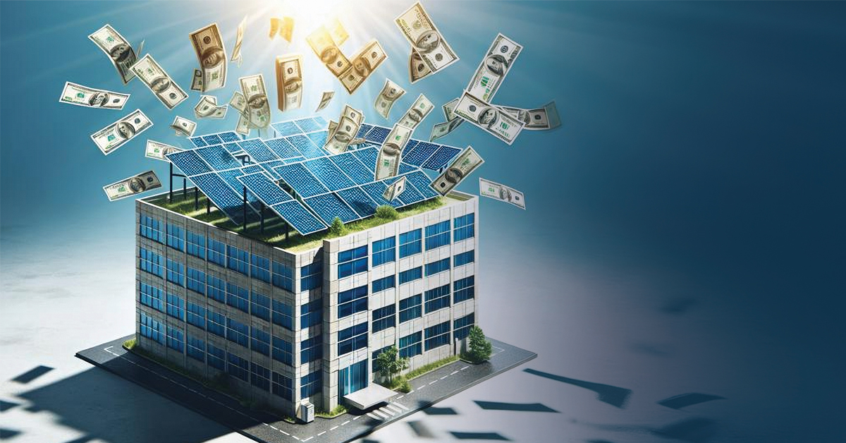 image of commercial building with solar panels on the roof and money falling from the sky