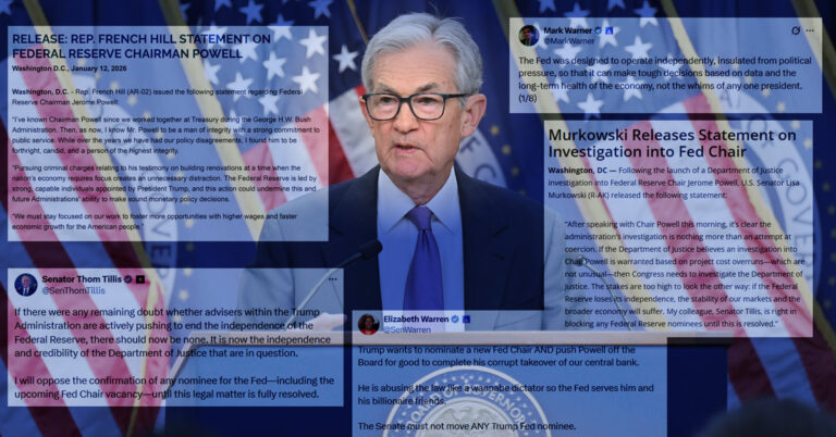 Bipartisan alarm mounts over DOJ subpoena of Fed Chair Powell.