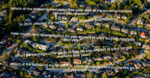 Distressed property buyers expect home prices and rents to drop this year, according to an Auction.com survey.