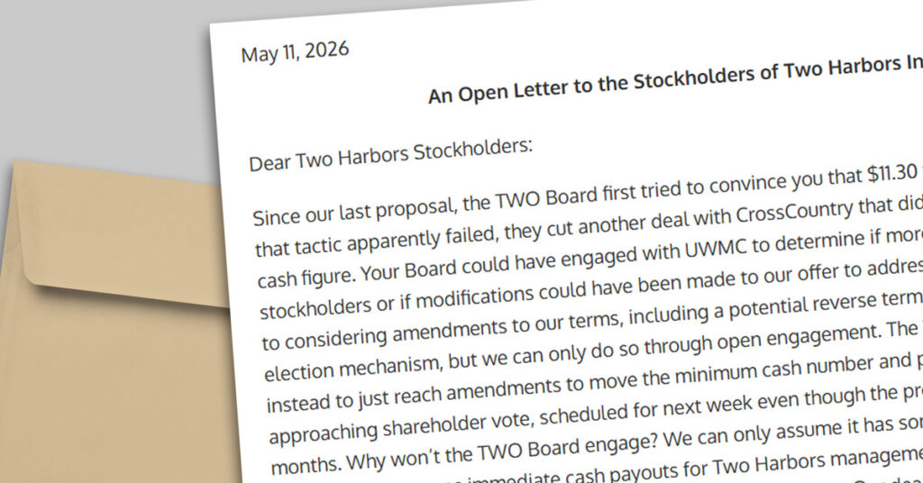 UWM ratchets up pressure with $12.50 Two Harbors bid as shareholder meeting looms.