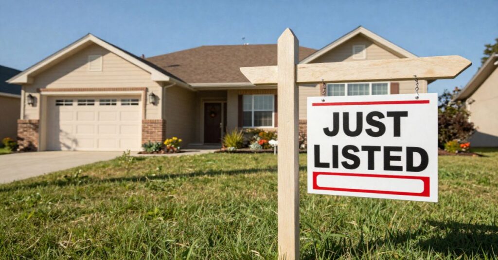 A house with a for-sale sign in front of it