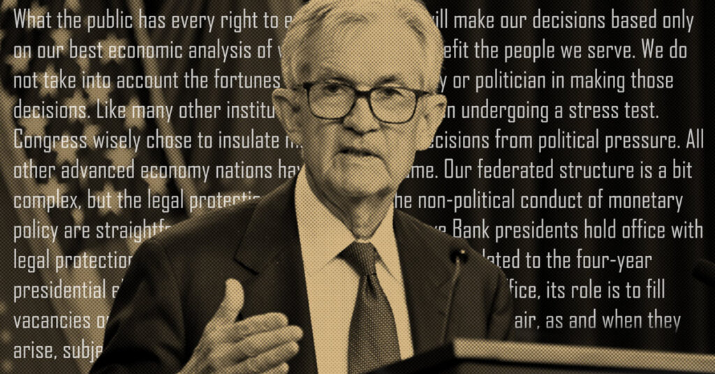 Jerome Powell cautions against political interference at regional Fed banks during award acceptance speech Sunday.