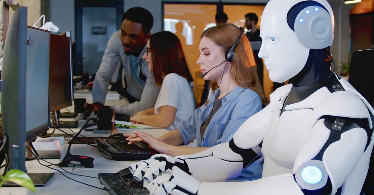 CONCEPT AI customer service robot sitting at desk