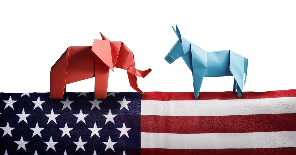 CONCEPT Donkey elephant origami on flag