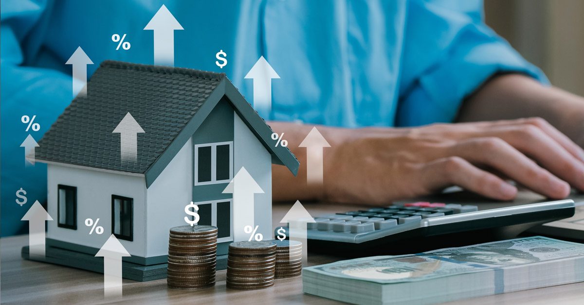 CONCEPT House model with up arrows and coins for equity