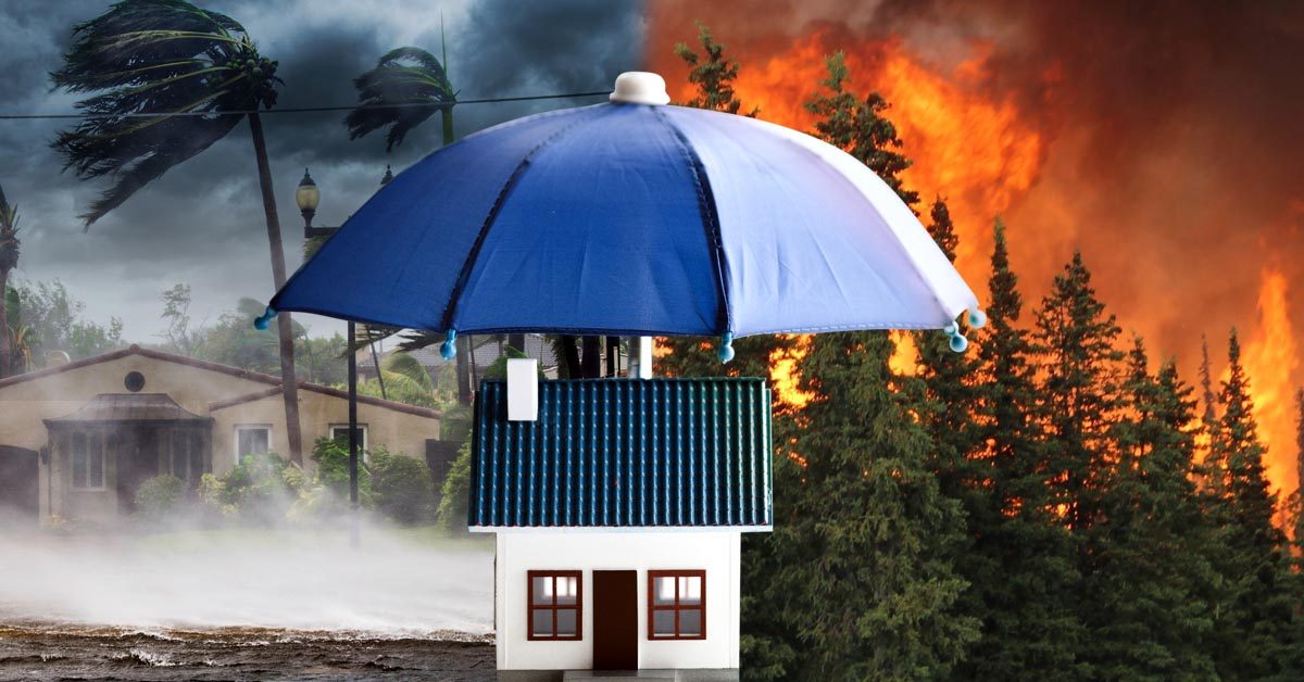 CONCEPT House protected by umbrella from disasters