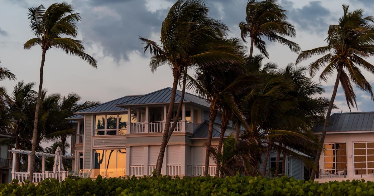 HOUSE Coastal house with palm trees during hurricane