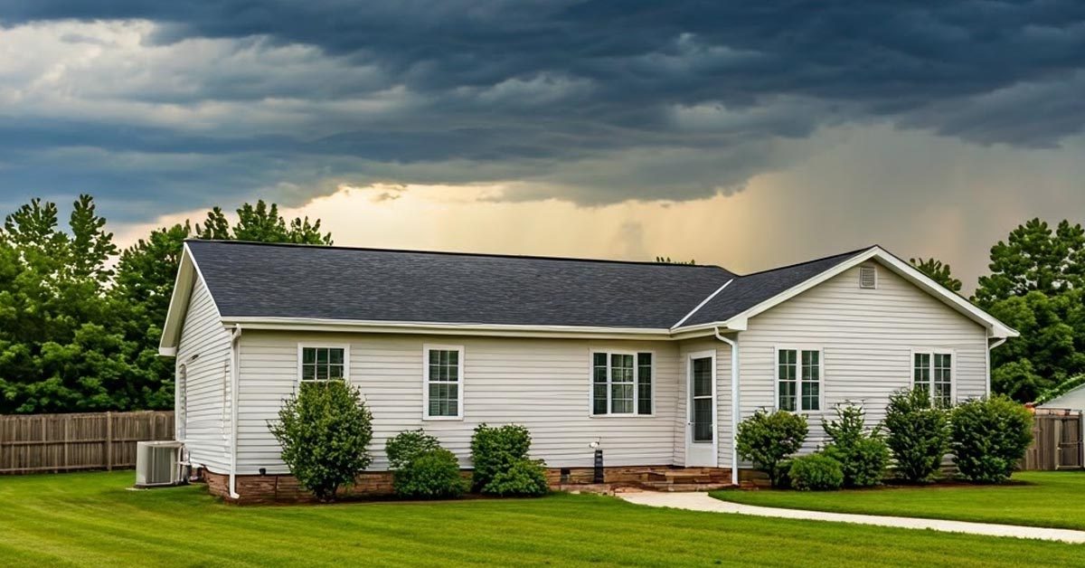 HOUSE Storm clouds over white rambler