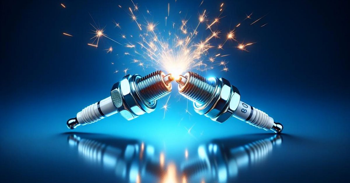 Two,Spark,Plugs,Touching,With,Sparks,Blue,Background